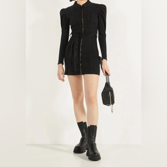 Bershka Black Denim Belted Puff Long Sleeve Dress- Large - Picture 2 of 11